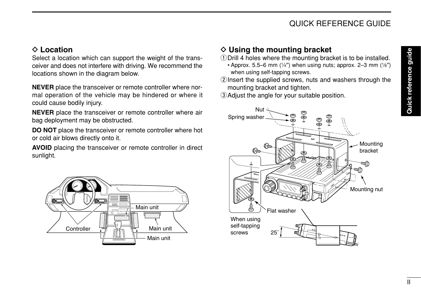 Quick reference guide d location, D using the mounting bracket | Icom IC-208H User Manual | Page 7 / 96