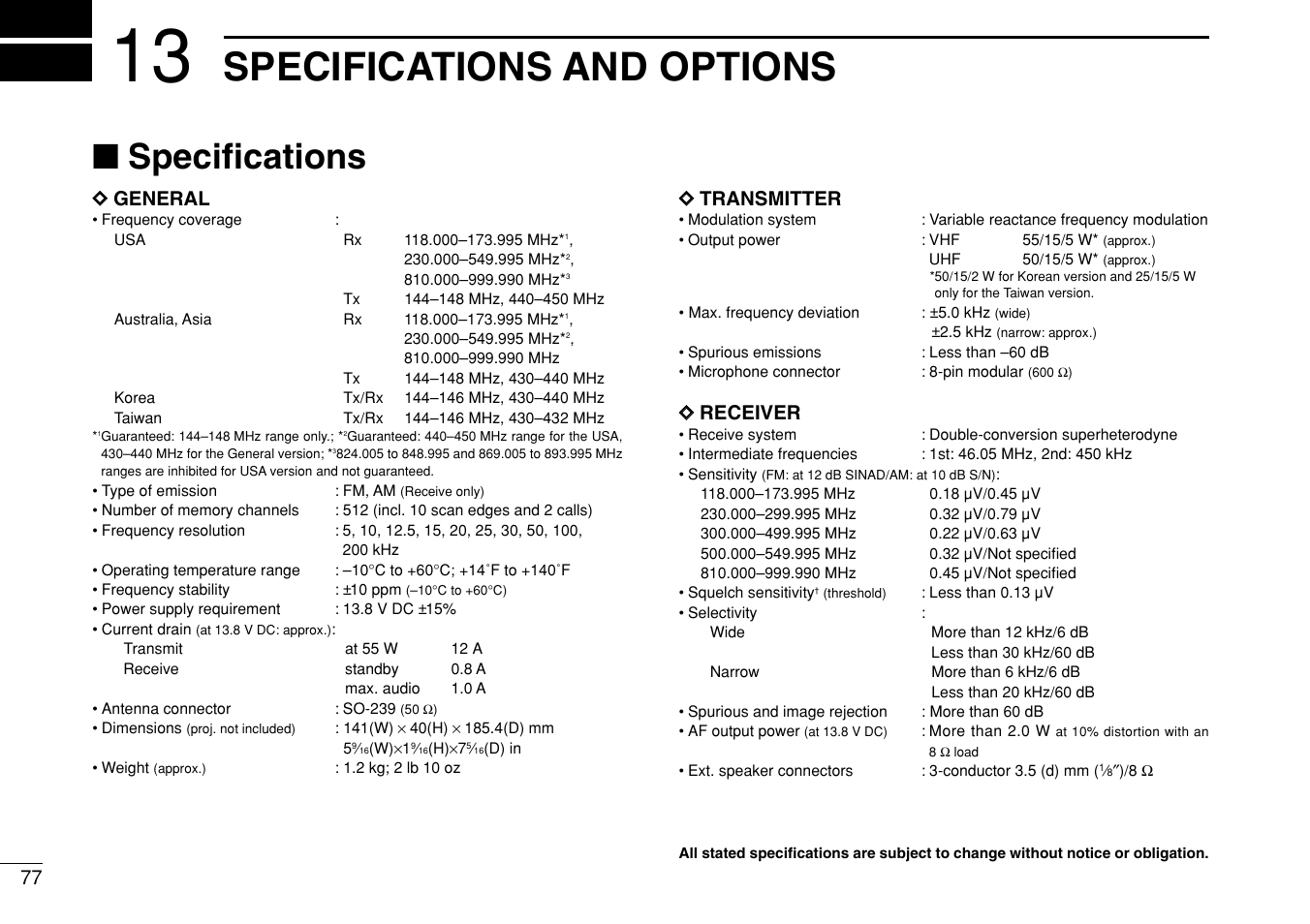 Specifications and options, Specifications | Icom IC-208H User Manual | Page 92 / 96