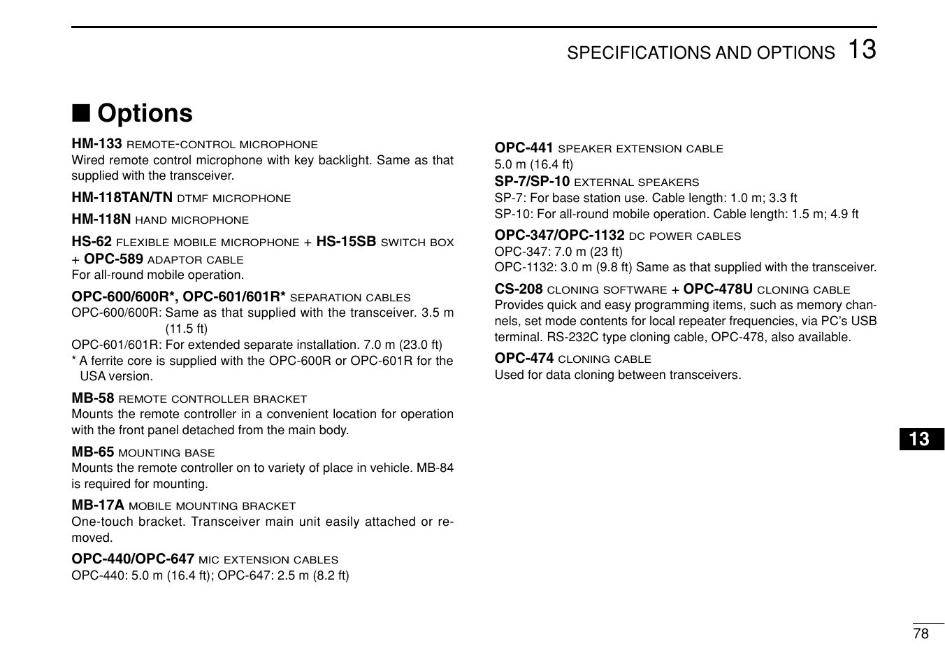 Options, Specifications and options | Icom IC-208H User Manual | Page 93 / 96