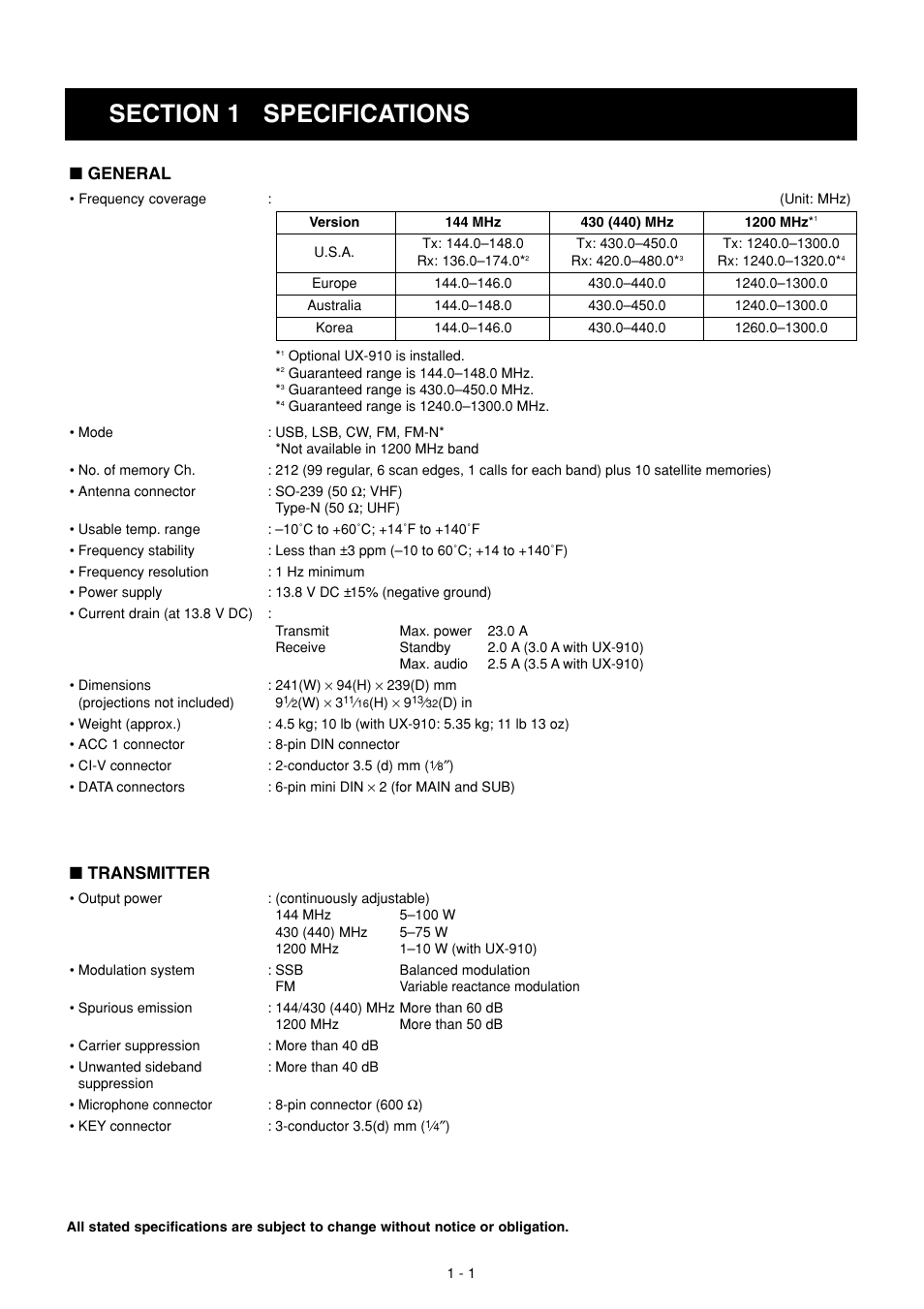 Specifications, General, Transmitter | Icom IC-910H User Manual | Page 4 / 78