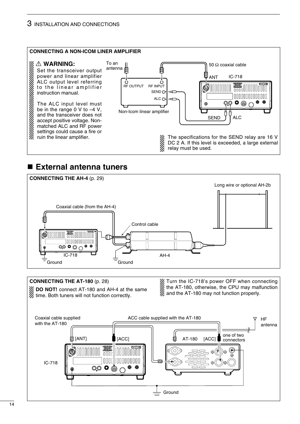 Nexternal antenna tuners, R warning | Icom IC-718 User Manual | Page 16 / 64