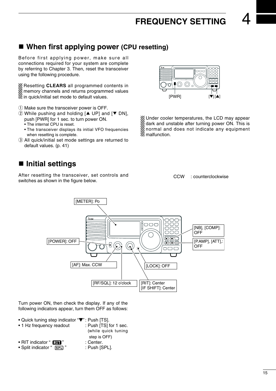 Frequency setting, Nwhen first applying power, Ninitial settings | Cpu resetting) | Icom IC-718 User Manual | Page 17 / 64