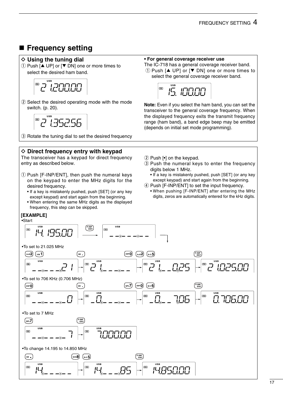 Nfrequency setting, D direct frequency entry with keypad, D using the tuning dial | Rpush [f-inp/ent] to set the input frequency, Frequency setting, Example | Icom IC-718 User Manual | Page 19 / 64