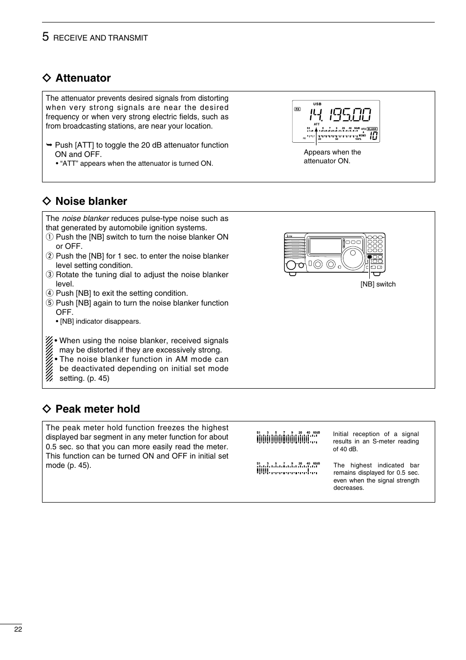 Ïattenuator, Ïpeak meter hold, Ïnoise blanker | Icom IC-718 User Manual | Page 24 / 64