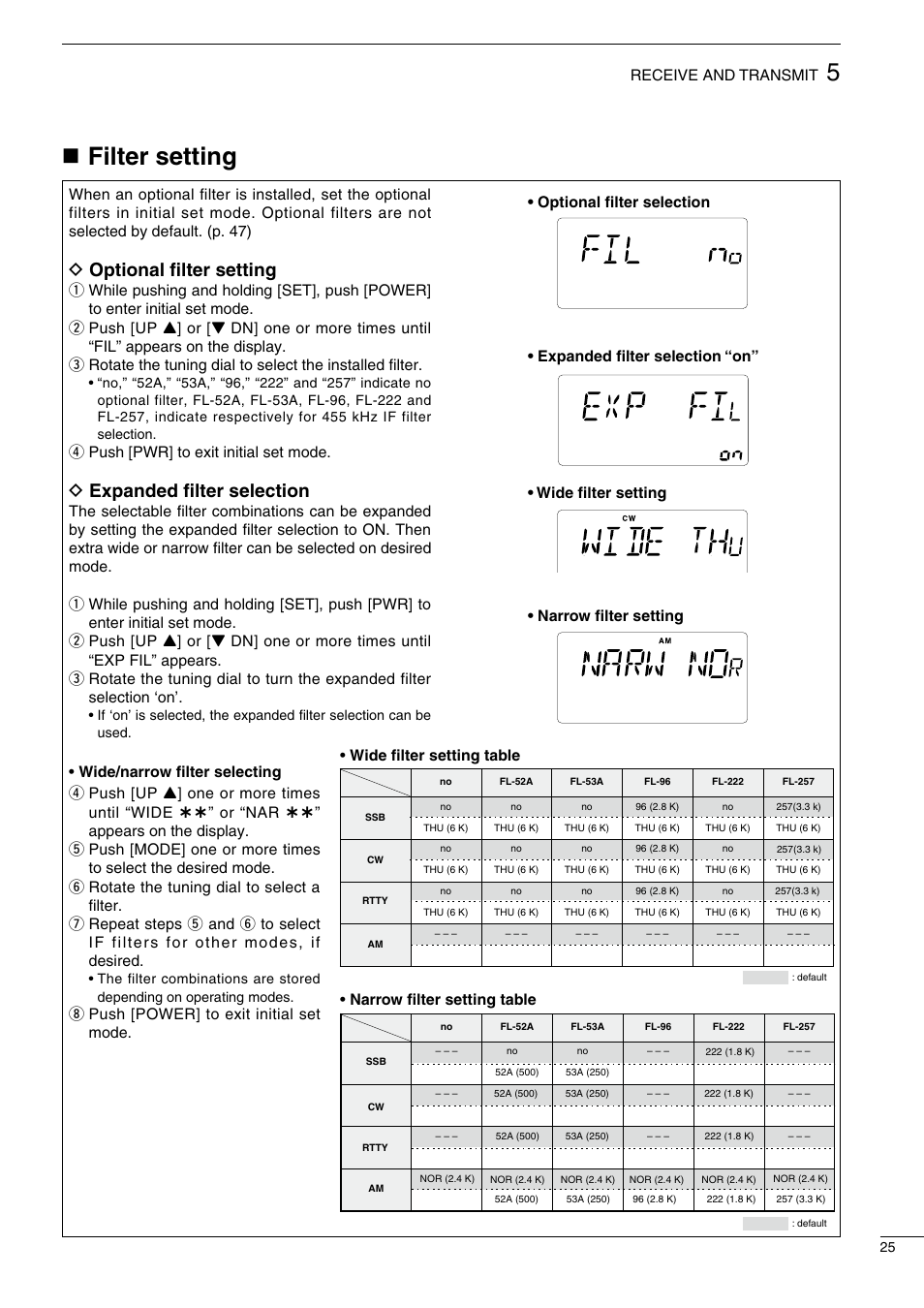 Nfilter setting, D optional filter setting, D expanded filter selection | Receive and transmit, Rpush [pwr] to exit initial set mode, Ipush [power] to exit initial set mode | Icom IC-718 User Manual | Page 27 / 64