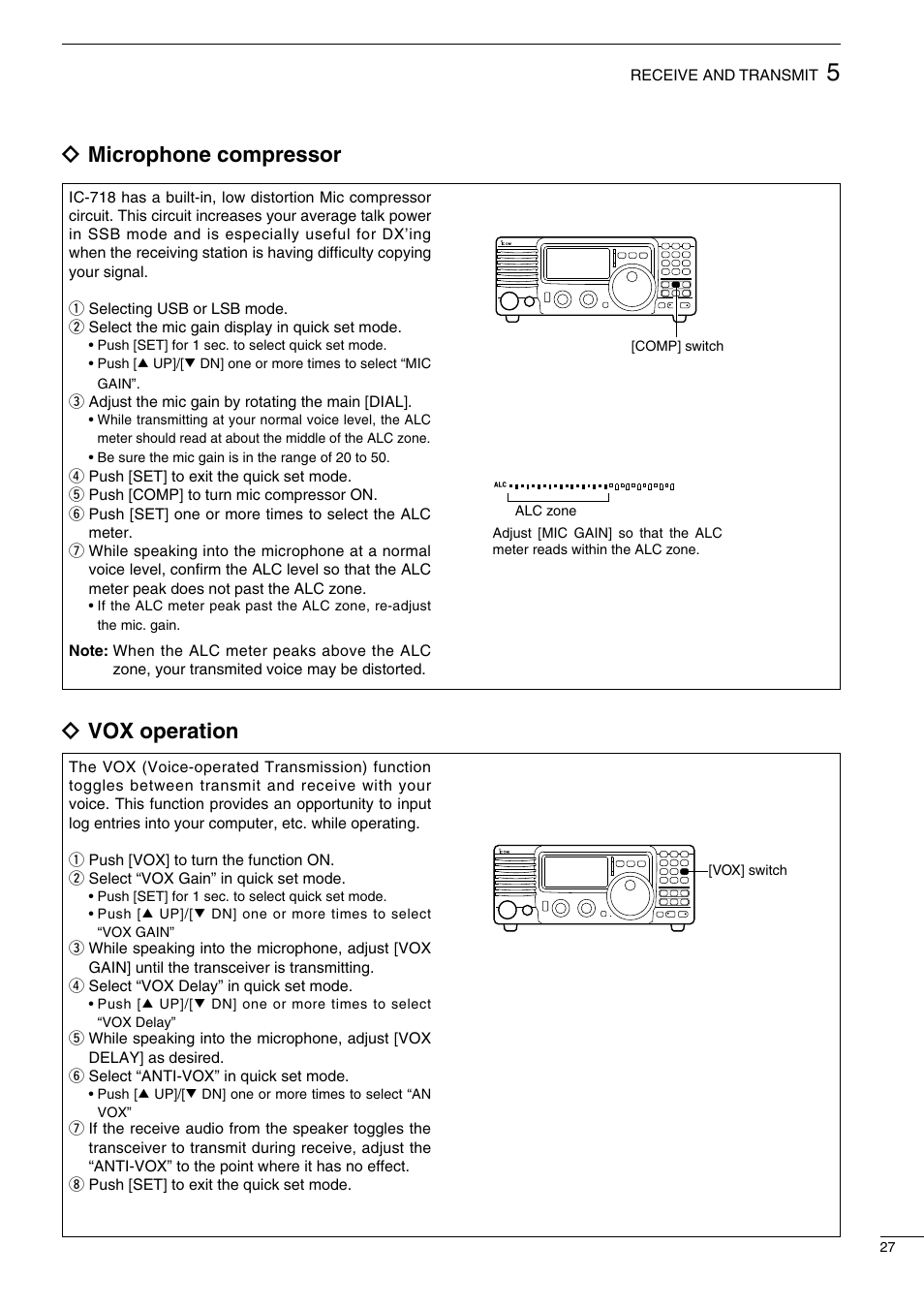 Ïmicrophone compressor, Ïvox operation | Icom IC-718 User Manual | Page 29 / 64