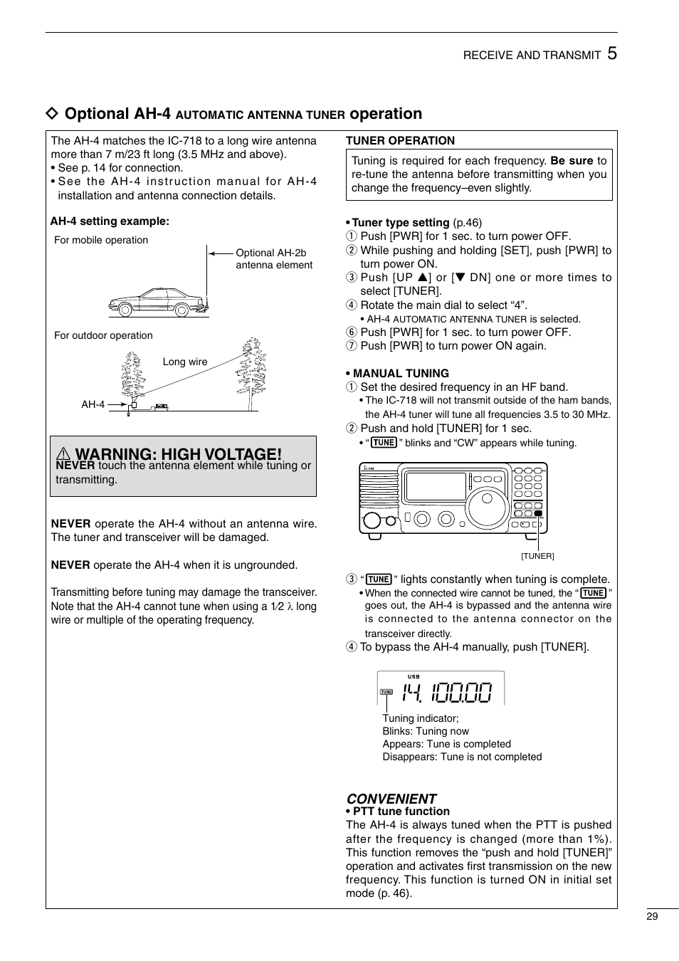 R warning: high voltage, Ïoptional ah-4, Operation | Convenient | Icom IC-718 User Manual | Page 31 / 64