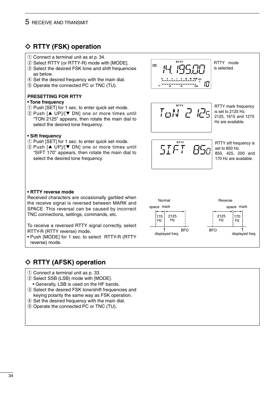 Ïrtty (fsk) operation, Ïrtty (afsk) operation | Icom IC-718 User Manual | Page 36 / 64