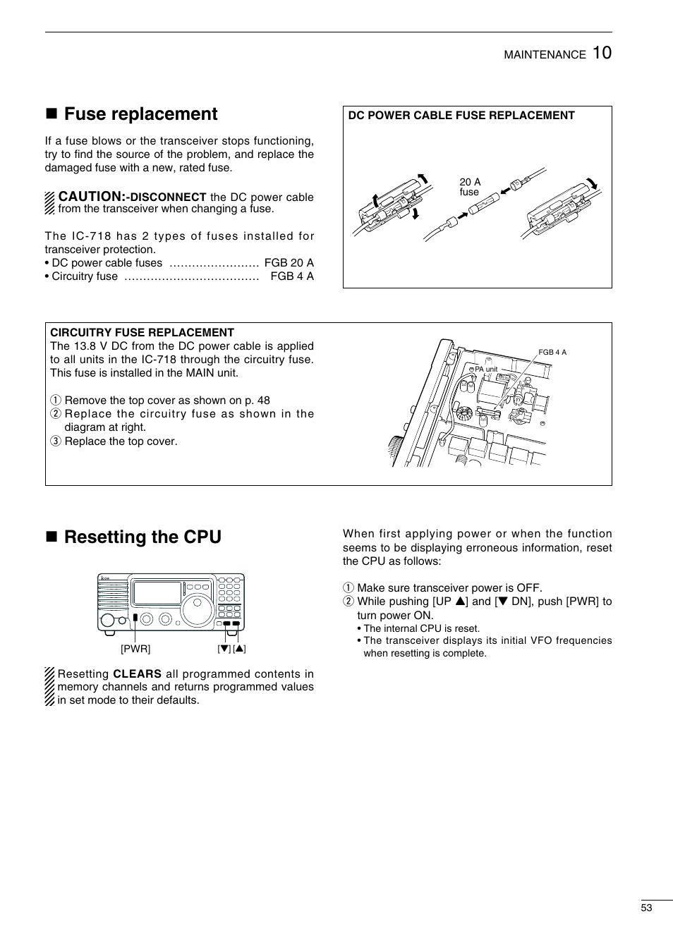 Nfuse replacement, Nresetting the cpu | Icom IC-718 User Manual | Page 55 / 64