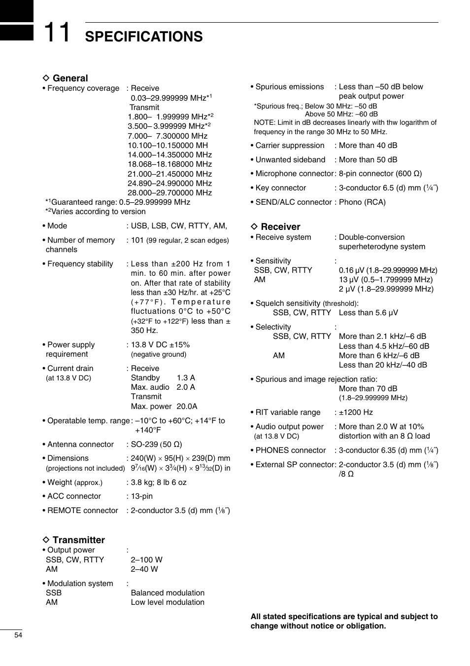 Specifications, D general, D transmitter | D receiver | Icom IC-718 User Manual | Page 56 / 64