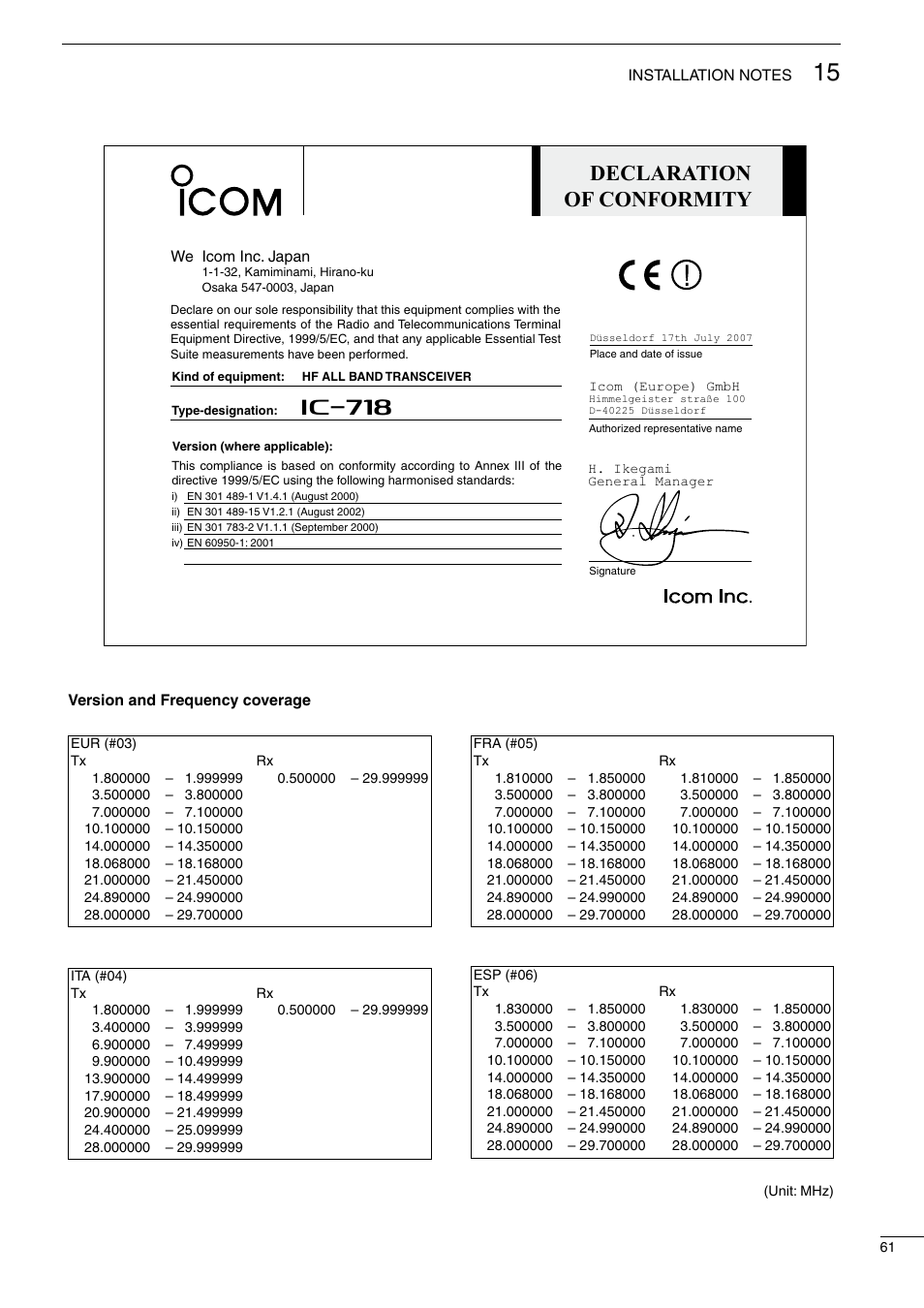 Declaration of conformity, I718 | Icom IC-718 User Manual | Page 63 / 64