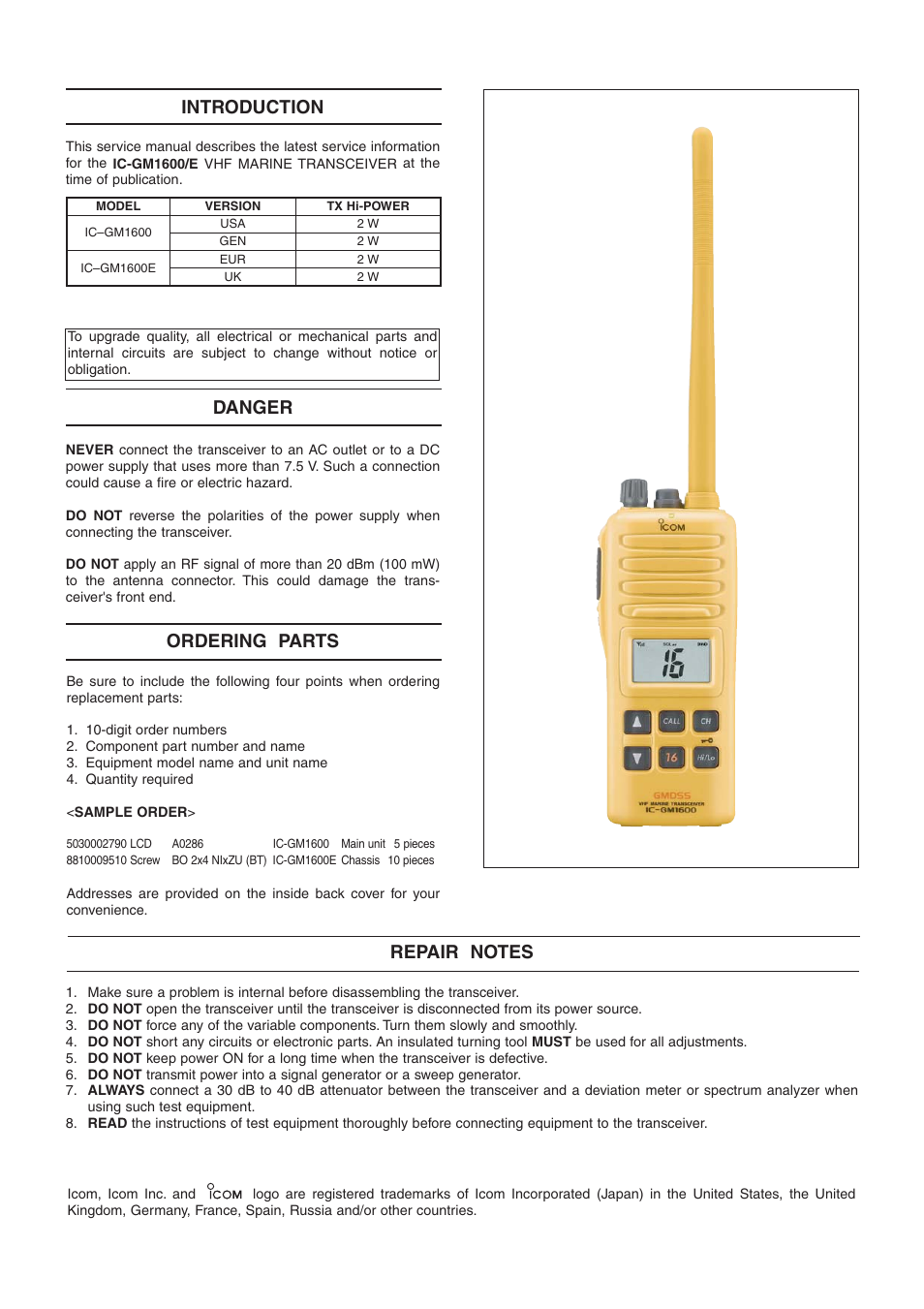 Introduction, Danger, Ordering parts | Icom IC-GM1600E User Manual | Page 2 / 34