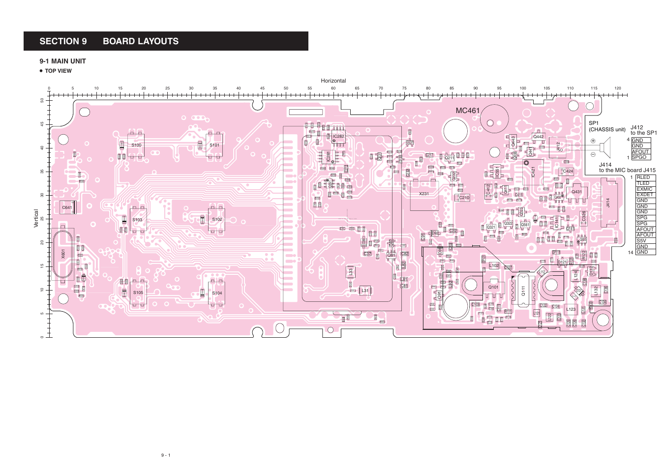 Board layouts, Main unit (top), Mc461 | 1 main unit, J412 to the sp1, Top view, Sp1 (chassis unit), Gnd gnd afout spgo 4 1, S101, C107 | Icom IC-GM1600E User Manual | Page 26 / 34