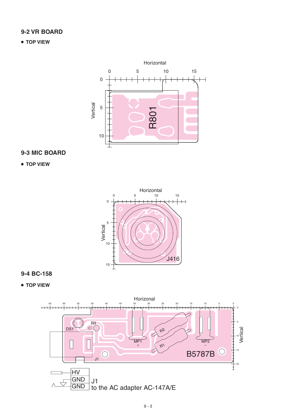 Vr board (top), Mic board (top), Bc-158 (top) | R801, B5787b, J1 to the ac adapter ac-147a/e, 2 vr board, Hv gnd gnd 9-3 mic board, 4 bc-158, J416 | Icom IC-GM1600E User Manual | Page 28 / 34