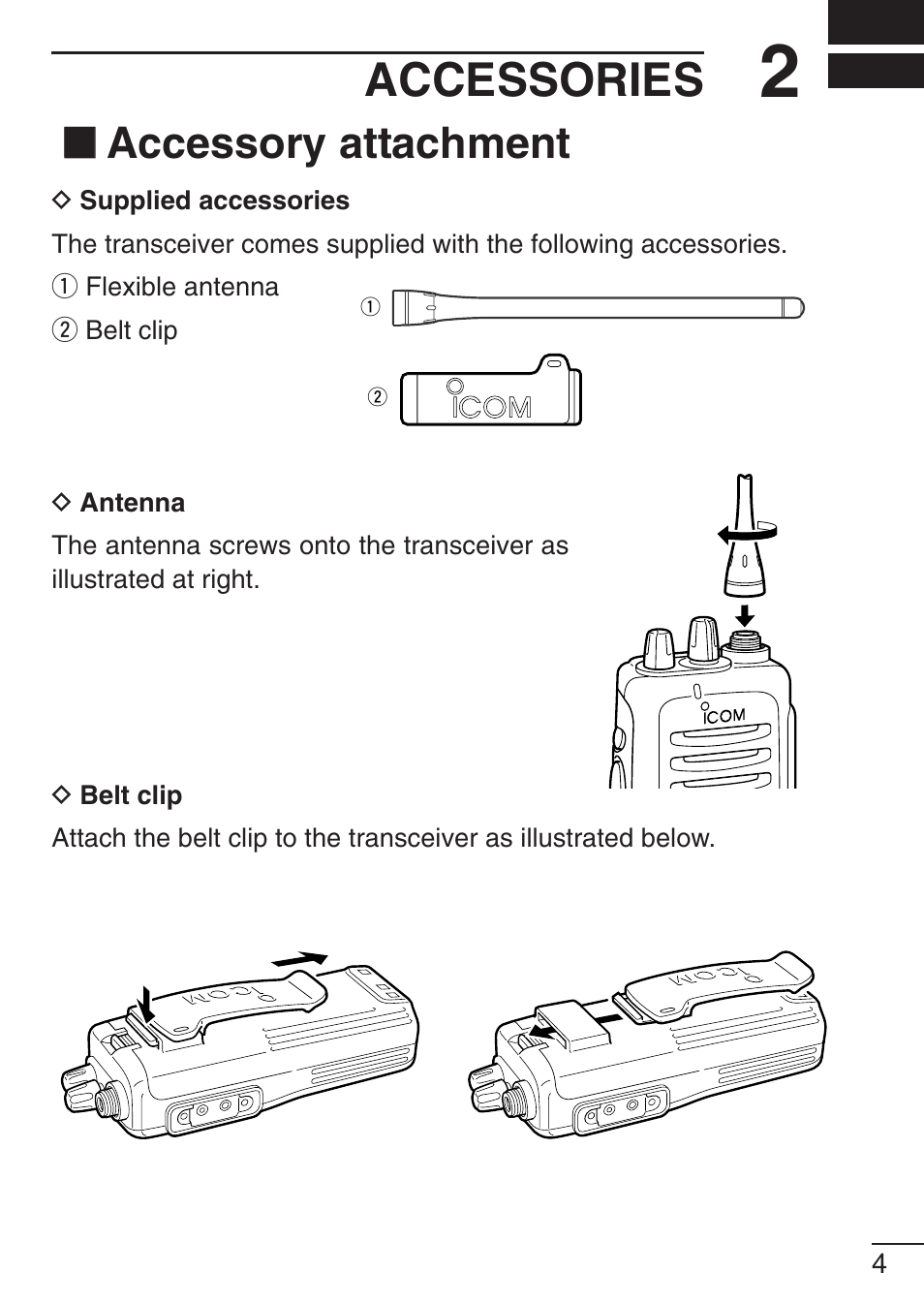 Accessories, Accessory attachment | Icom IC-F21GM User Manual | Page 11 / 32