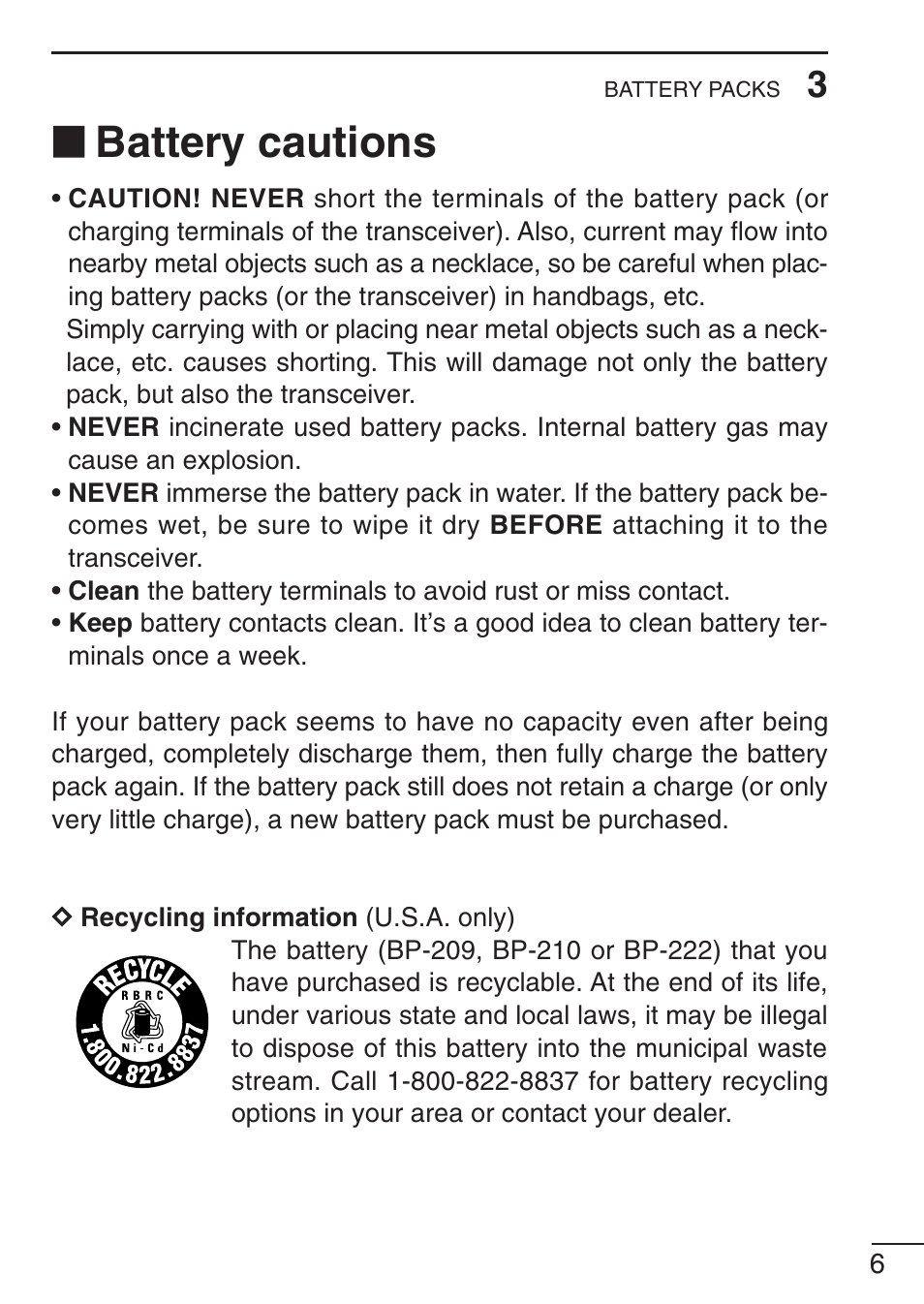 Battery cautions | Icom IC-F21GM User Manual | Page 13 / 32