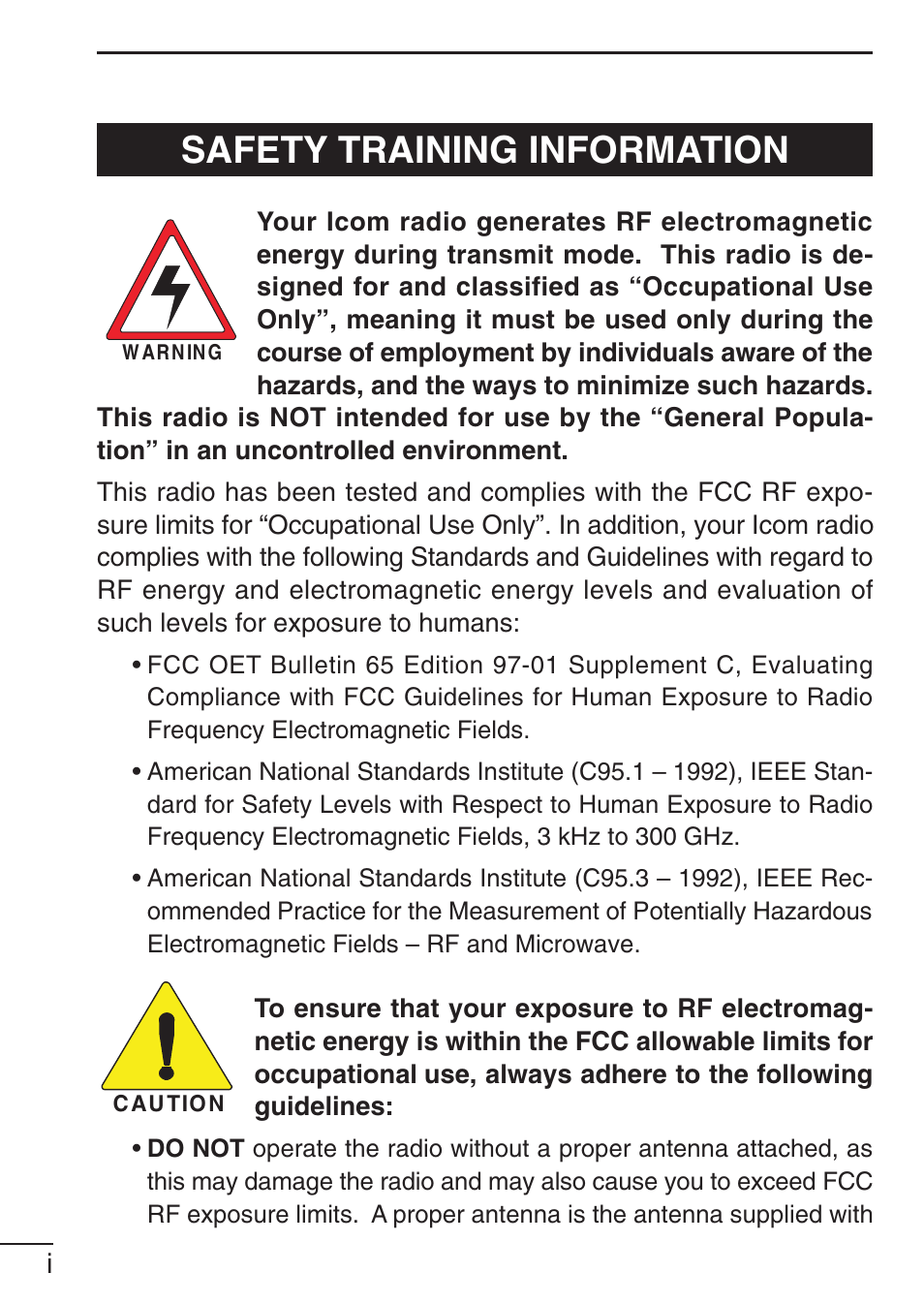 Safety training information | Icom IC-F21GM User Manual | Page 2 / 32