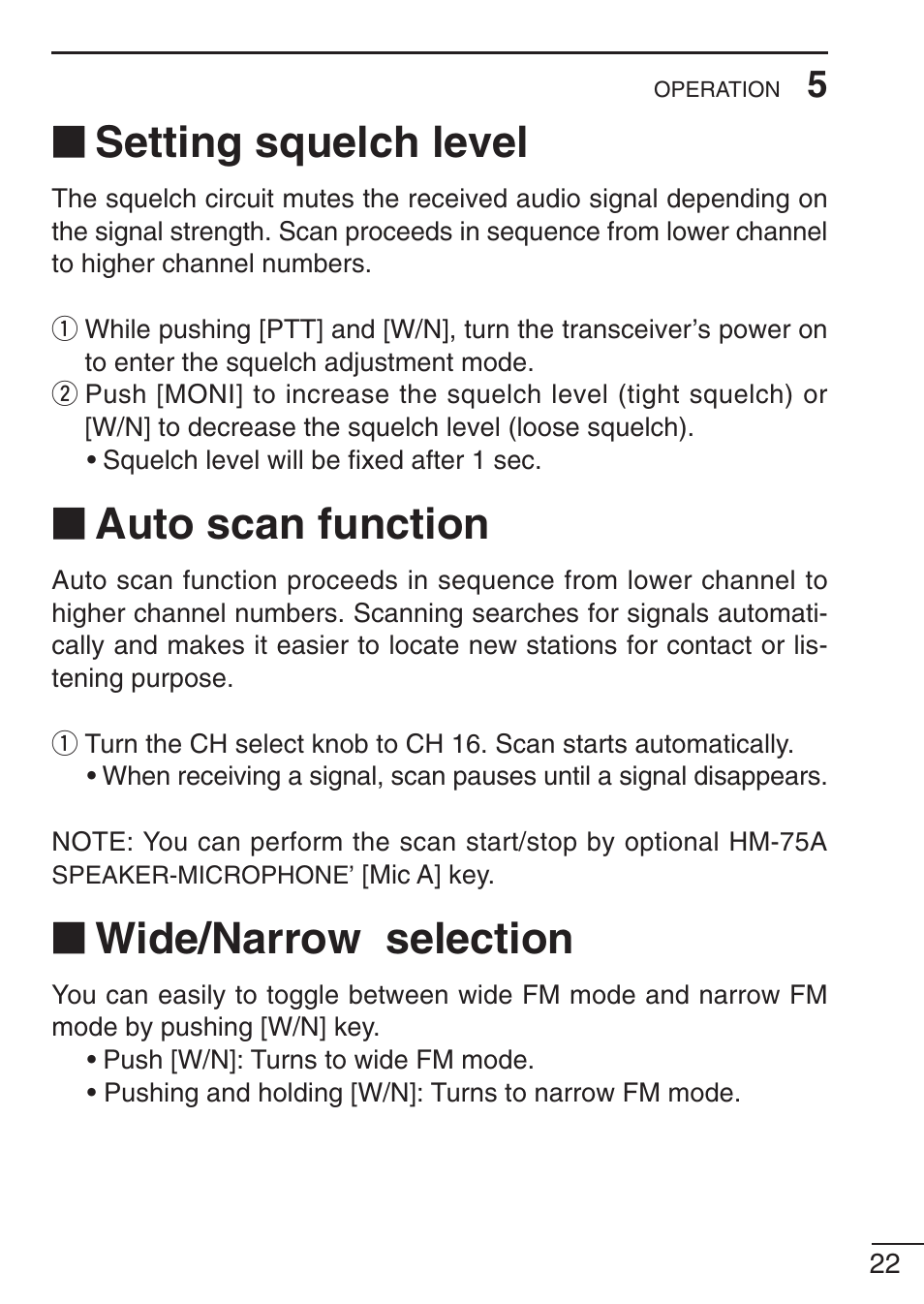 Setting squelch level, Auto scan function, Wide/narrow selection | Icom IC-F21GM User Manual | Page 29 / 32