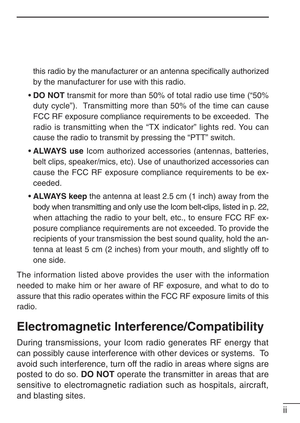 Electromagnetic interference/compatibility | Icom IC-F21GM User Manual | Page 3 / 32