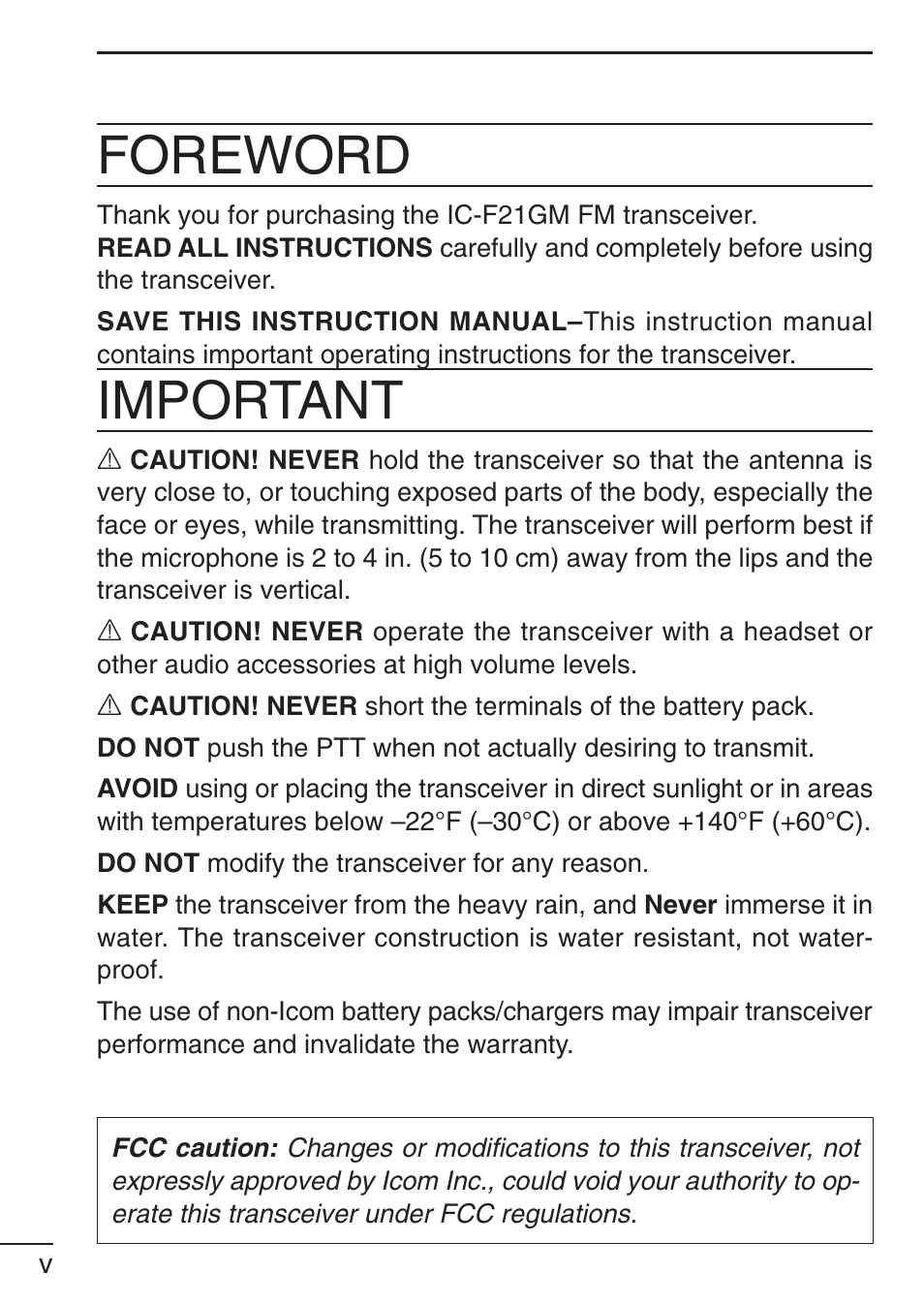 Foreword, Important | Icom IC-F21GM User Manual | Page 6 / 32