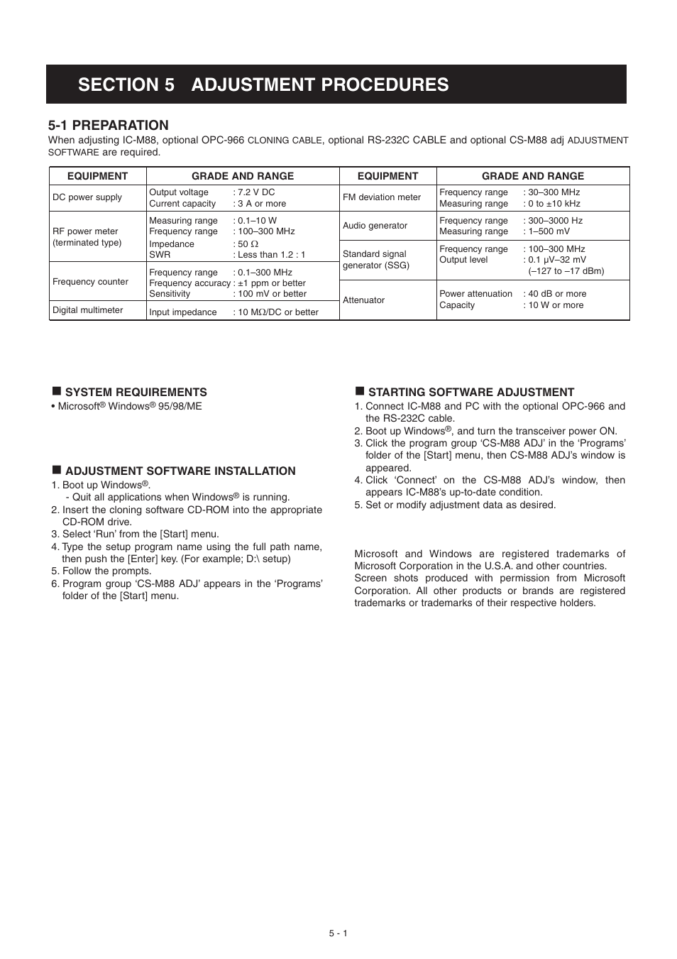 Adjustment procedures, Preparation, 1 preparation | Icom VHF Marine Transceiver IC-M88 User Manual | Page 13 / 38