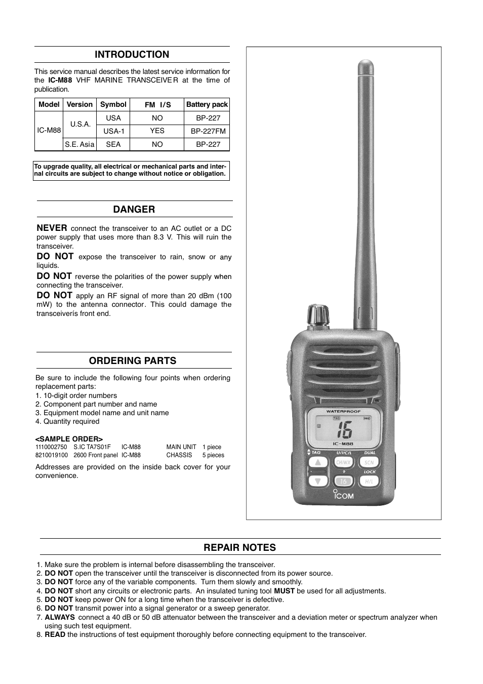 Introduction, Danger, Ordering parts | Icom VHF Marine Transceiver IC-M88 User Manual | Page 2 / 38