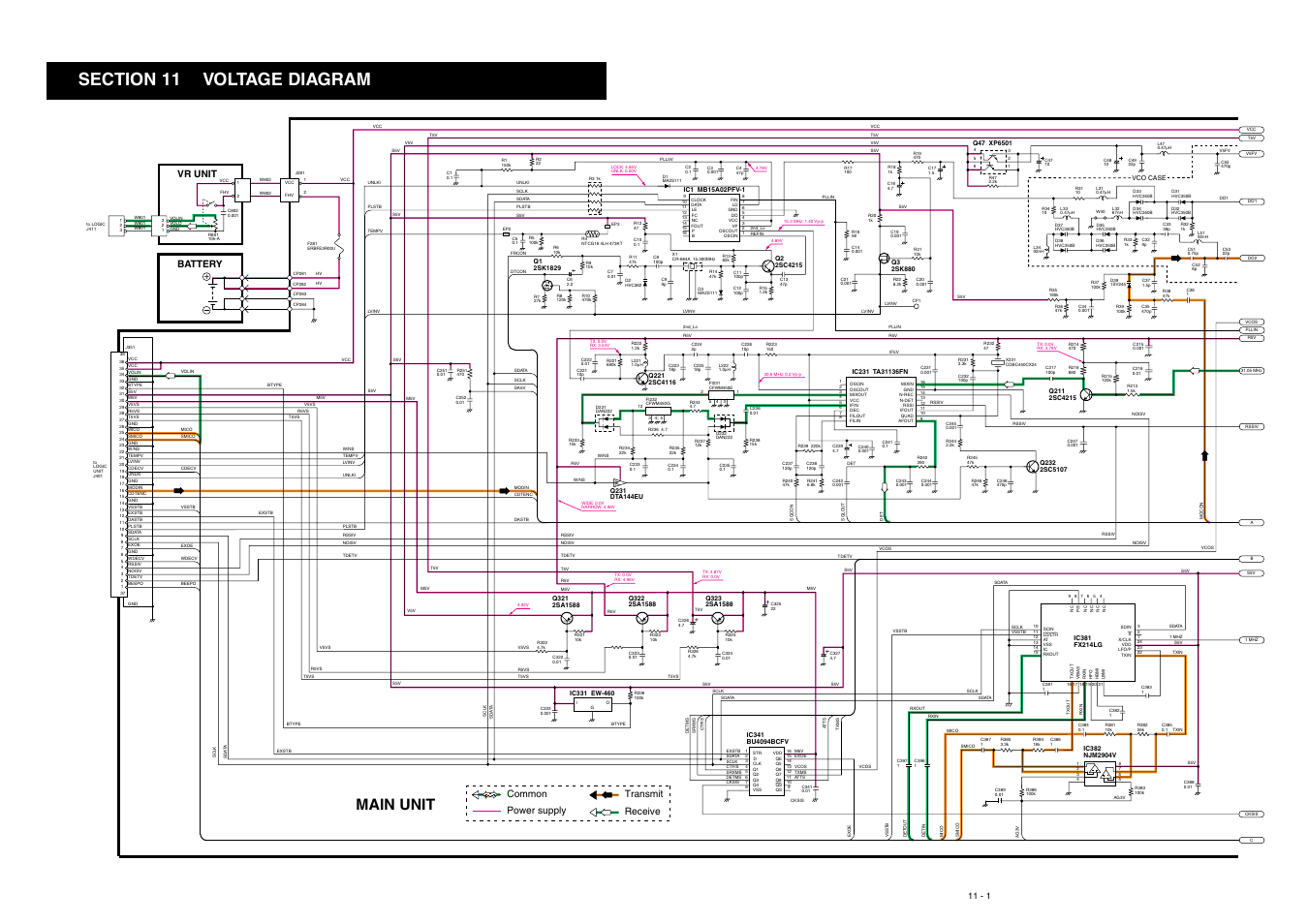 Voltage diagram, Main unit (1), Main unit | Vr unit, Battery, Common transmit receive power supply | Icom VHF Marine Transceiver IC-M88 User Manual | Page 34 / 38