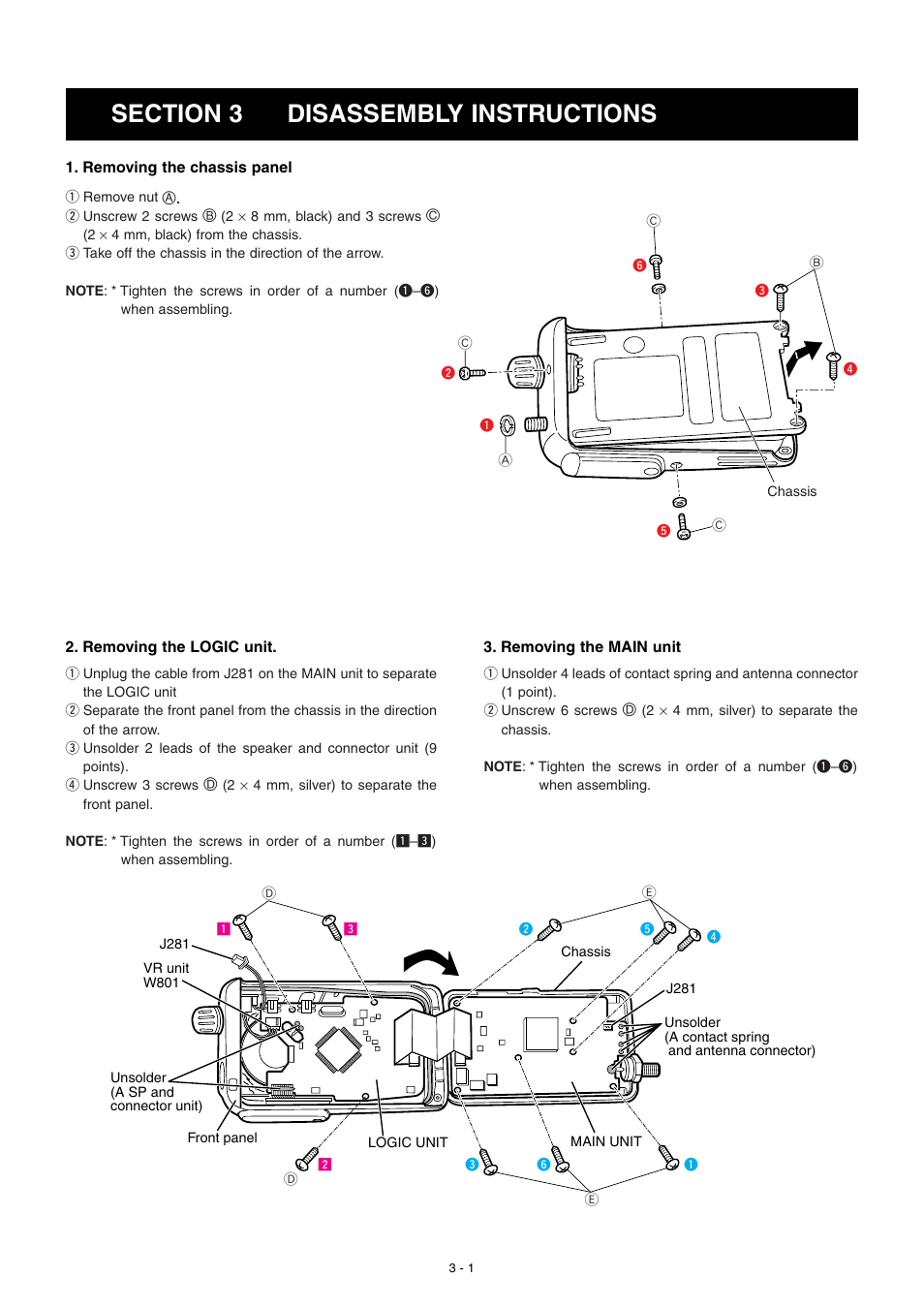 Disassembly instructions | Icom VHF Marine Transceiver IC-M88 User Manual | Page 7 / 38