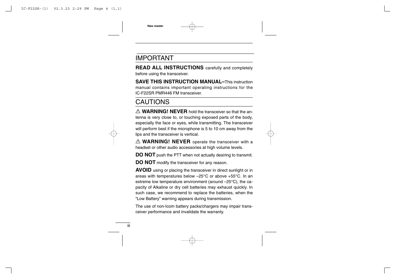 Important, Cautions | Icom iF22SR User Manual | Page 4 / 36