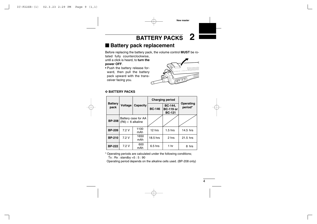 Battery packs, Battery pack replacement | Icom iF22SR User Manual | Page 9 / 36