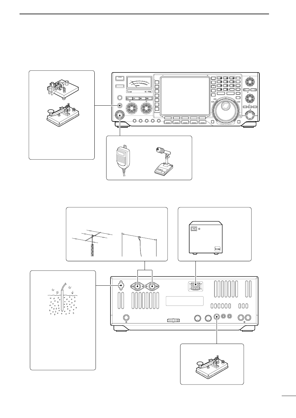 Required connections, Front panel • rear panel, Installation and connections | Icom IC-756 User Manual | Page 17 / 72