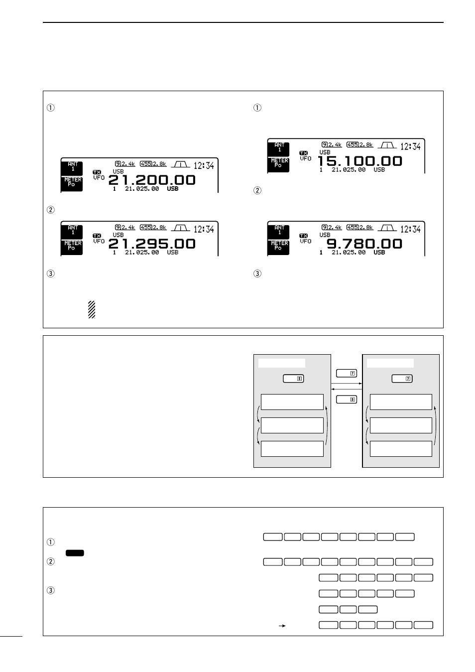 For ham band use, For general coverage receiver use, Frequency setting | Qpush the desired band key on the keypad 1–3 times, Qpush [gene] on the keypad 1–3 times, Winput the desired frequency, Epush, Ent] to enter the input frequency, Example | Icom IC-756 User Manual | Page 26 / 72
