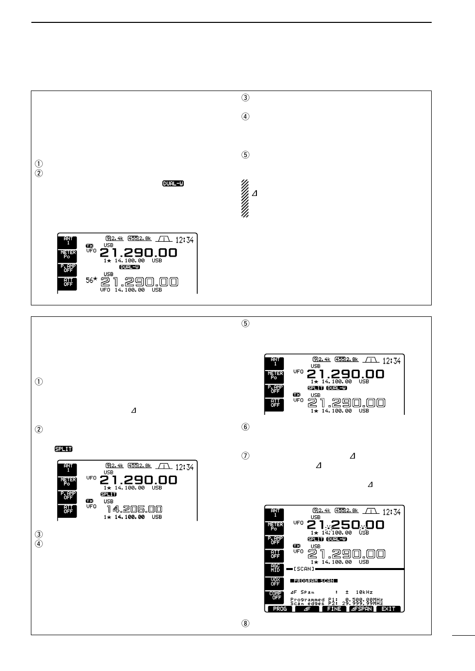 Dualwatch operation, Scanning during dualwatch, Ypush | Scan] to select the scan screen, Upush, Prog] or, Ito cancel the scan, push, Exit, Equalized receive frequency and, S-meter shows the combined signal strength | Icom IC-756 User Manual | Page 33 / 72