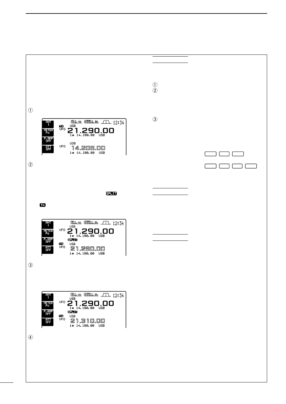 Split frequency operation, Epush [split, Appear on the lcd | Appears to show the transmit frequency’s read- out | Icom IC-756 User Manual | Page 34 / 72