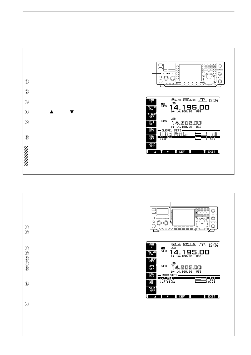 Monitor function, Vox function, Using the vox function | Adjusting the vox function, Set] then, Level] to enter level set mode. r push, Y] or, Ypush | Icom IC-756 User Manual | Page 36 / 72
