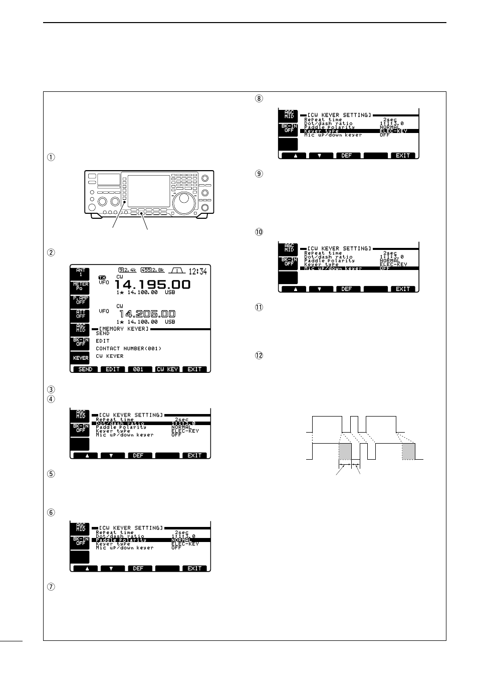 Electronic cw keyer, Setting the electronic keyer, 2 push | Exit] to exit keyer set mode, Keying weight example: morse code “k, Def] to select a default ratio of 1 : 1 : 3.0 | Icom IC-756 User Manual | Page 38 / 72