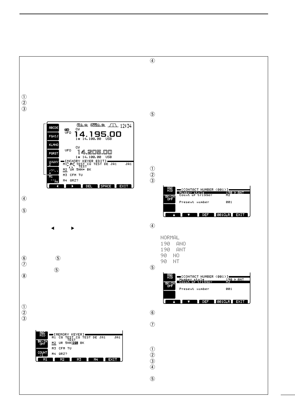Setting the contact (serial) number, Clearing contact numbers, Tpush | Exit] to exit keyer set mode, 001] to enter the contact number screen. r push | Icom IC-756 User Manual | Page 39 / 72