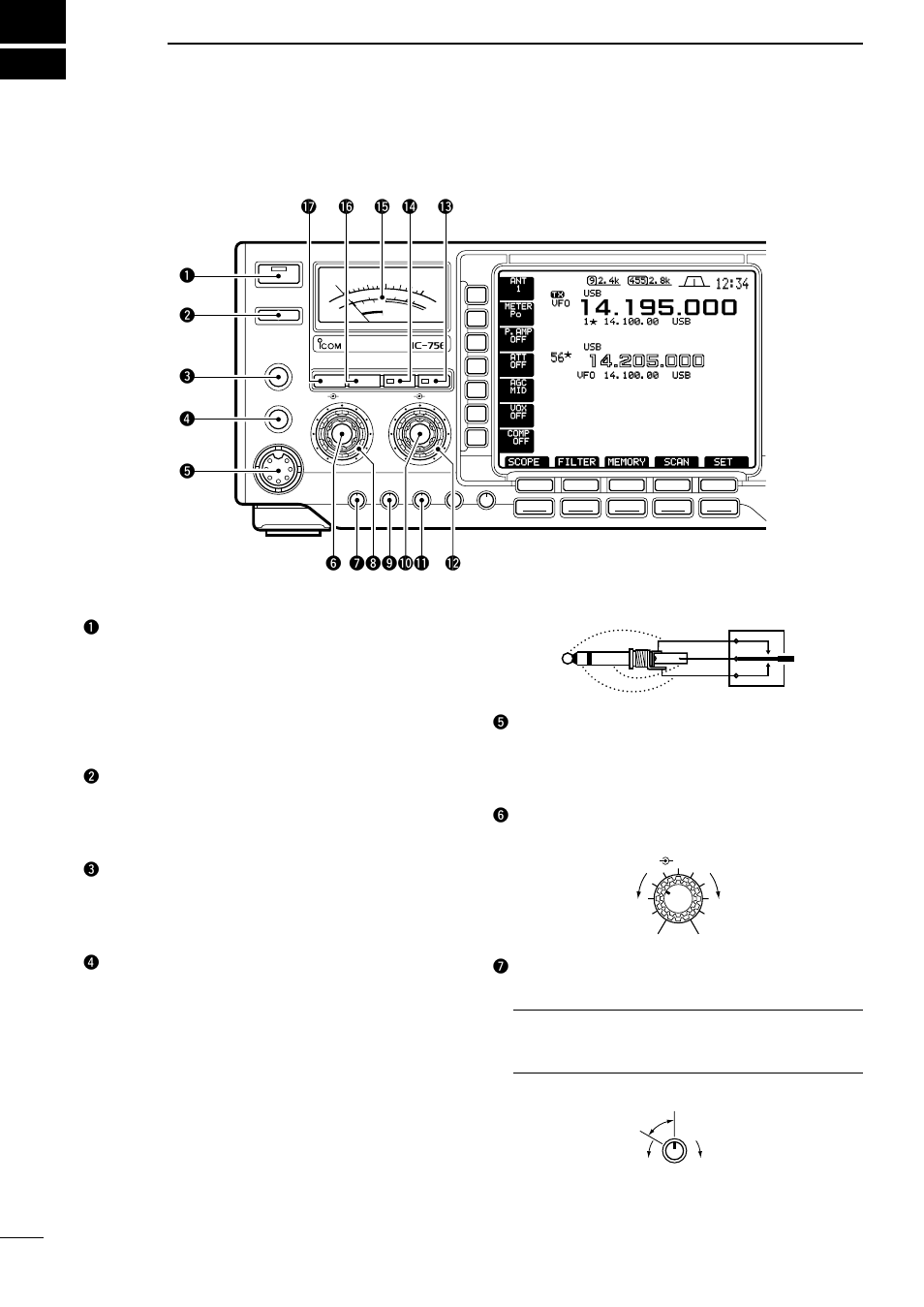 Panel description, Front panel, Eheadphone jack [phones] accepts headphones | Icom IC-756 User Manual | Page 4 / 72