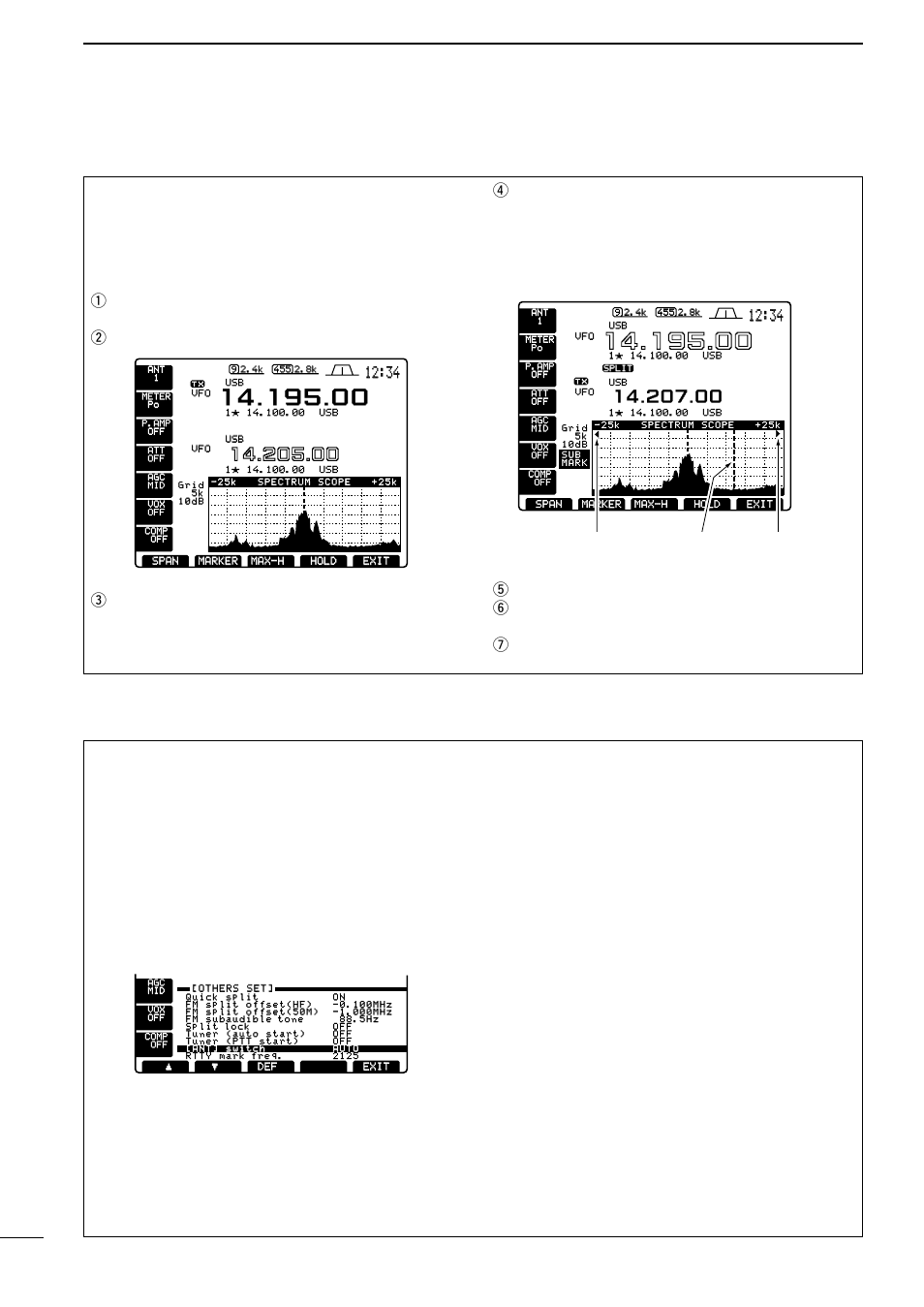 Spectrum scope screen, Antenna switch selection example, For automatic antenna selection) | Scope] to select the scope screen. e push, Tpush, Max-h] to hold peak levels or not. y push, Exit] to exit the scope screen | Icom IC-756 User Manual | Page 40 / 72