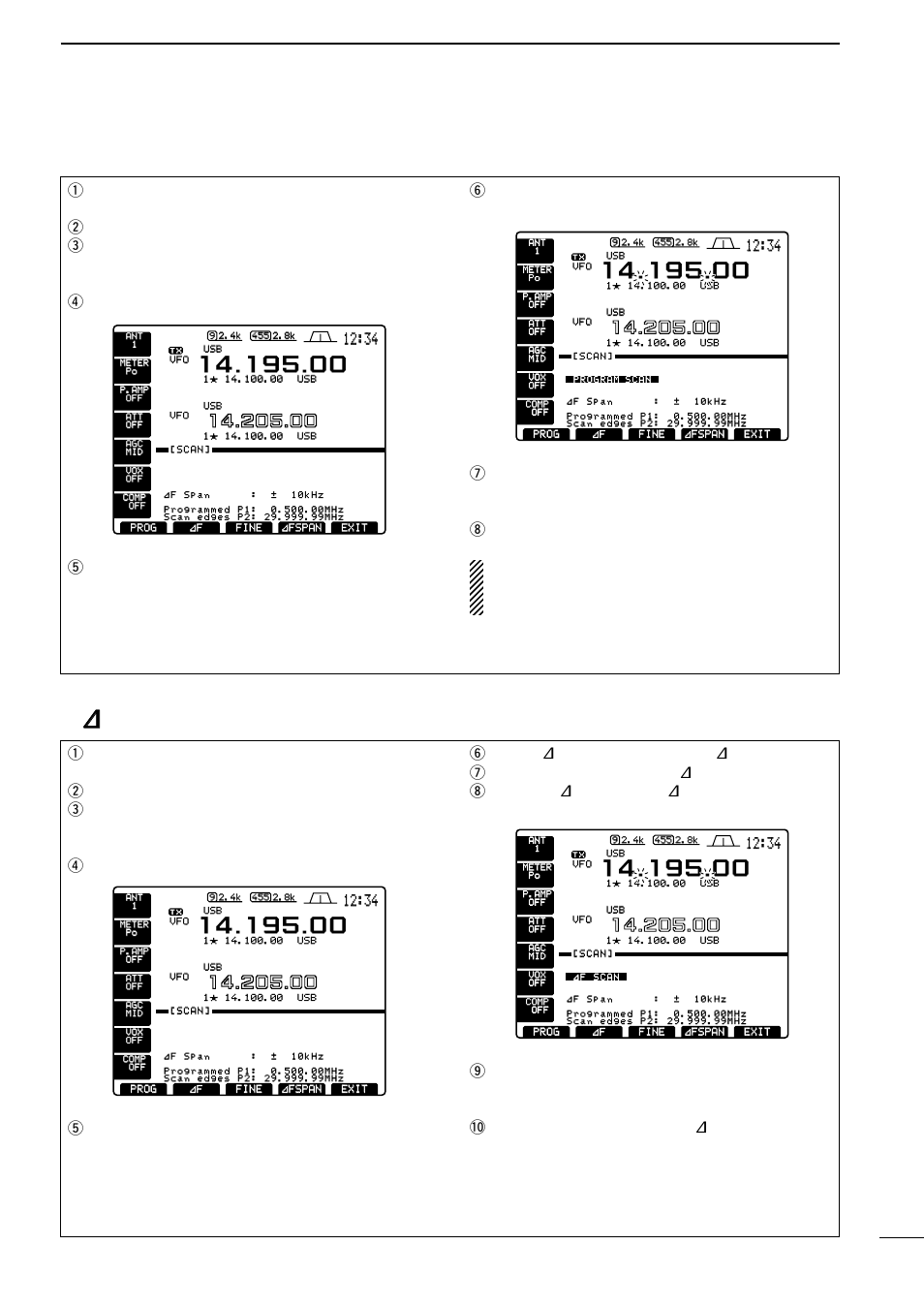 Programmed scan operation, F scan operation, Rpush | Ypush, Prog] to start the programmed scan, Yset the ∂ f span by pushing, F] to start the ∂ f scan, Decimal points blink while scanning | Icom IC-756 User Manual | Page 51 / 72