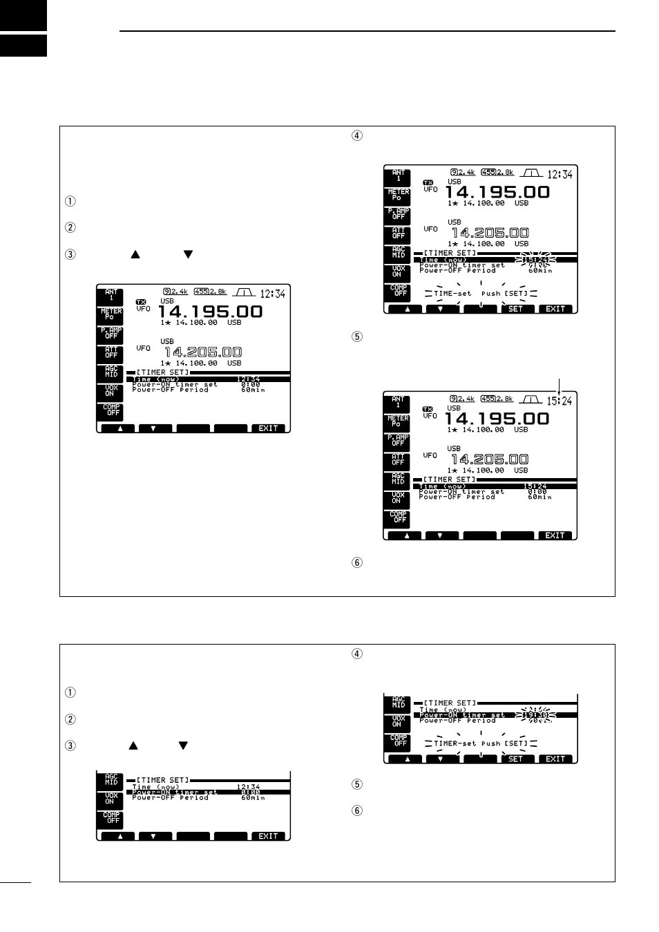Clock and timers, Setting the current time, Setting power-on time | Set] then, Time] to enter timer set mode. e push, Y] or, Tpush, Set] to enter the set time, Ypush, Exit] twice to exit timer set mode | Icom IC-756 User Manual | Page 54 / 72