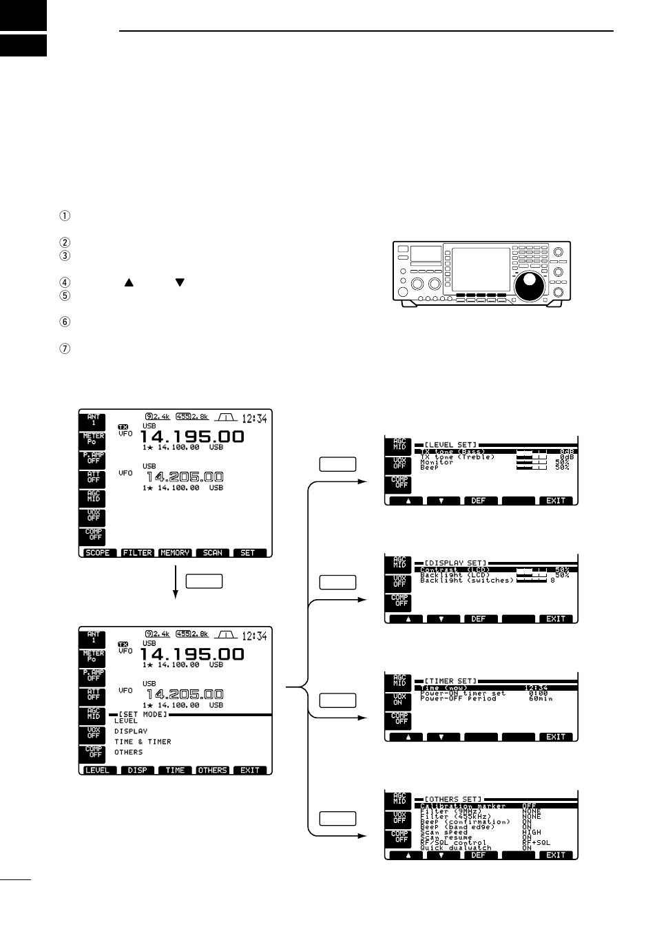 Set mode, Set mode description, Set mode operation | Set] to select the set mode screen. e push, Level, Disp, Time] or, Others] to enter the desired set mode. r push, Y] or, Yfor timer set mode, push | Icom IC-756 User Manual | Page 56 / 72