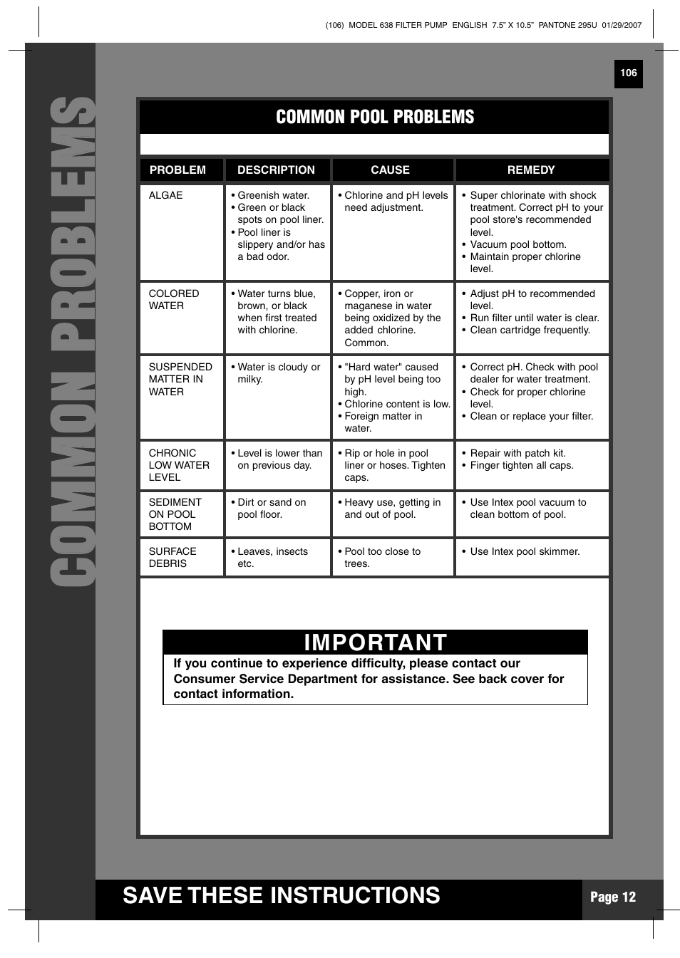 Cc oo mm mm oo nn pp rr oo bb llee mm ss, Save these instructions, Important | Intex Recreation KRYSTAL CLEAR 638 User Manual | Page 12 / 15