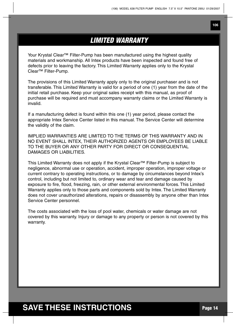 Save these instructions, Limited warranty, Parts list | Intex Recreation KRYSTAL CLEAR 638 User Manual | Page 14 / 15