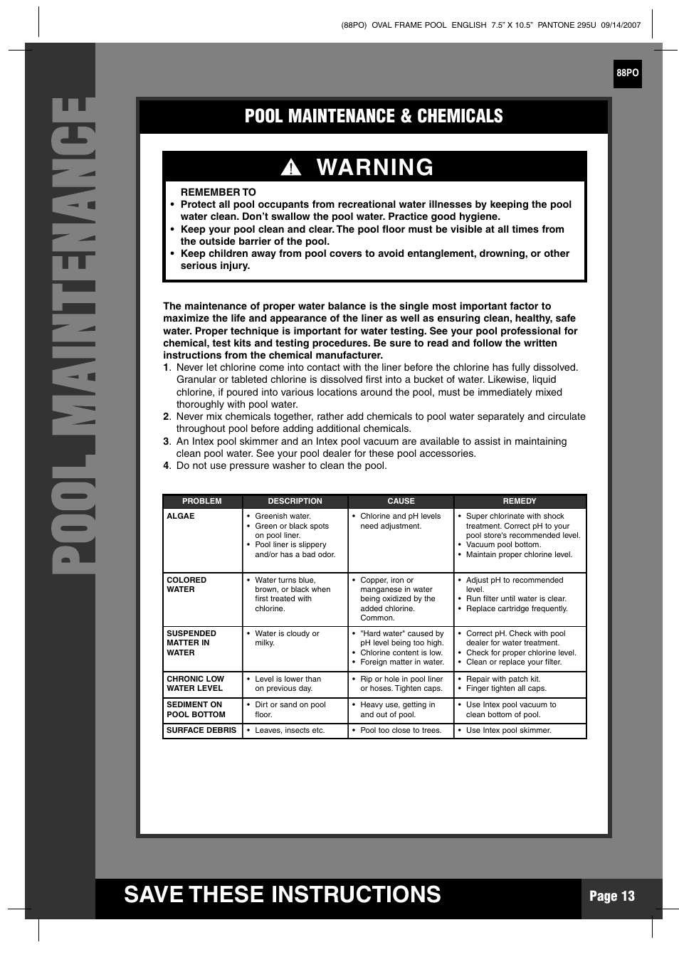 Pp oo oo ll mm aa iinn tt ee nn aa nn cc ee, Save these instructions, Warning | Intex Recreation 88PO User Manual | Page 13 / 19