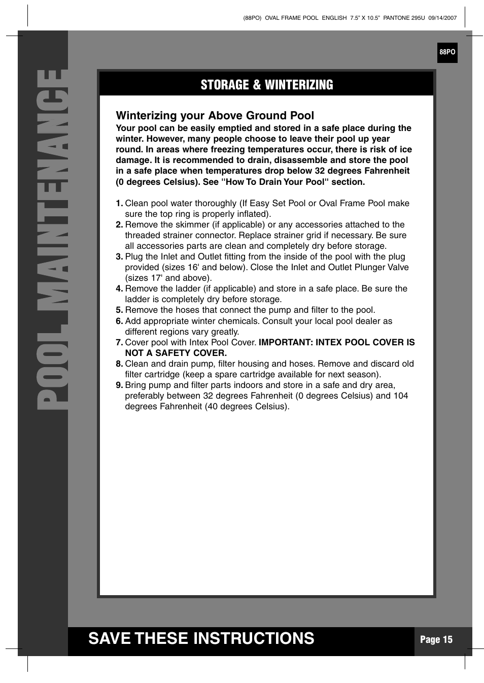 Pp oo oo ll mm aa iinn tt ee nn aa nn cc ee | Intex Recreation 88PO User Manual | Page 15 / 19