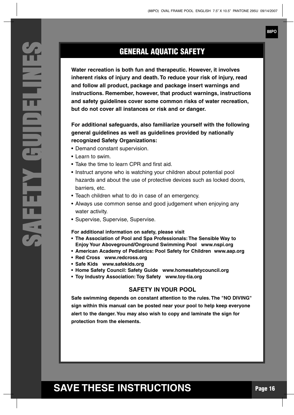 Ss aa ff ee tt yy gg uu iidd ee llii nn ee ss | Intex Recreation 88PO User Manual | Page 16 / 19