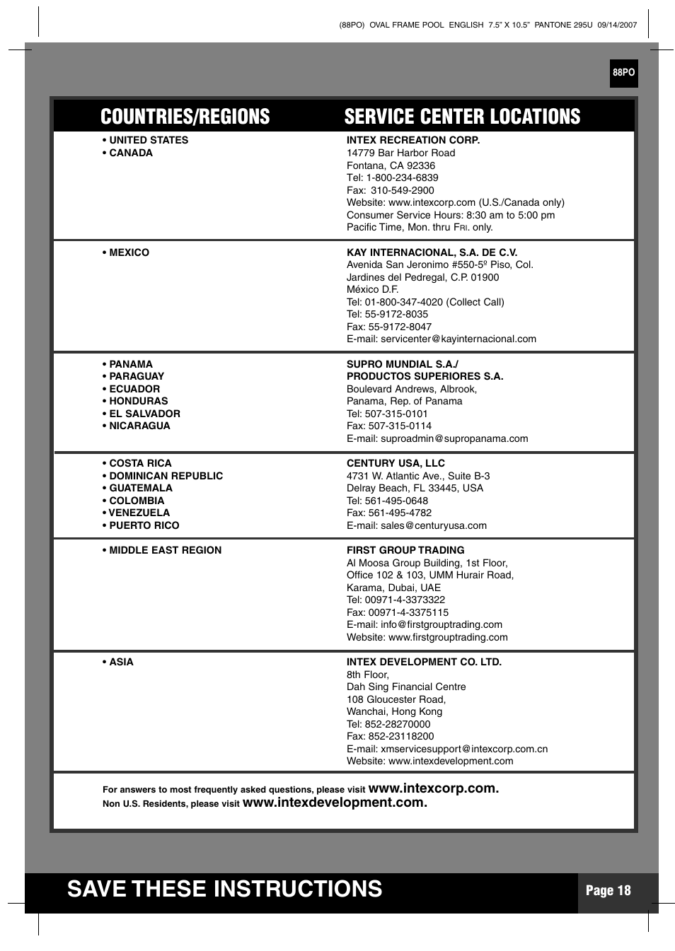 Save these instructions, Countries/regions service center locations, Page 18 | Intex Recreation 88PO User Manual | Page 18 / 19