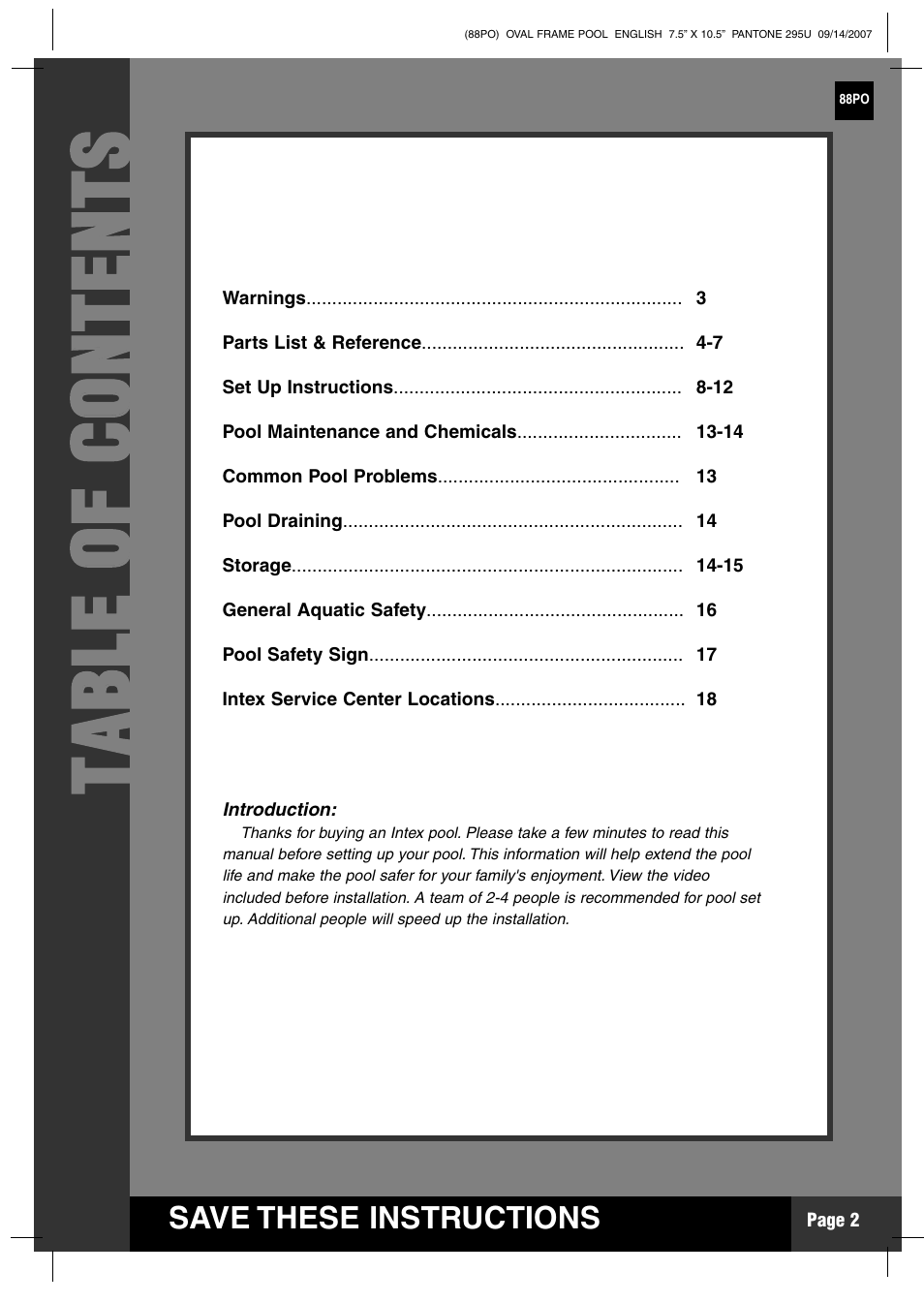 Tt aa bb llee oo ff cc oo nn tt ee nn tt ss | Intex Recreation 88PO User Manual | Page 2 / 19