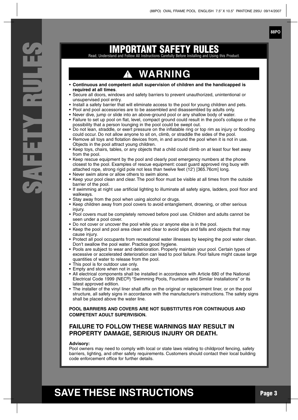 Ss aa ff ee tt yy rr uu llee ss, Save these instructions, Important safety rules | Warning | Intex Recreation 88PO User Manual | Page 3 / 19